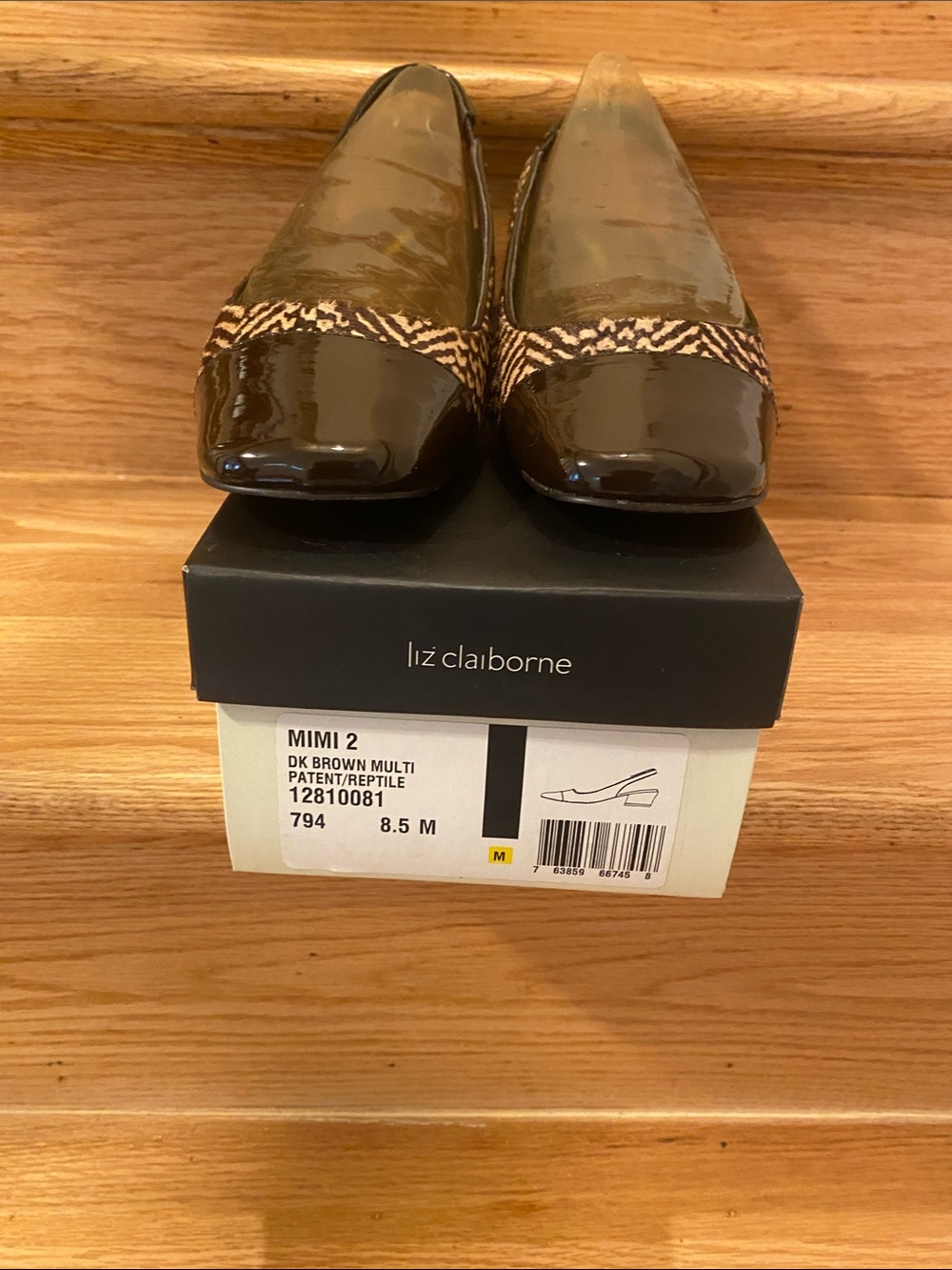 Liz Claiborne Dark Brown Patent low heel with Reptile Trim